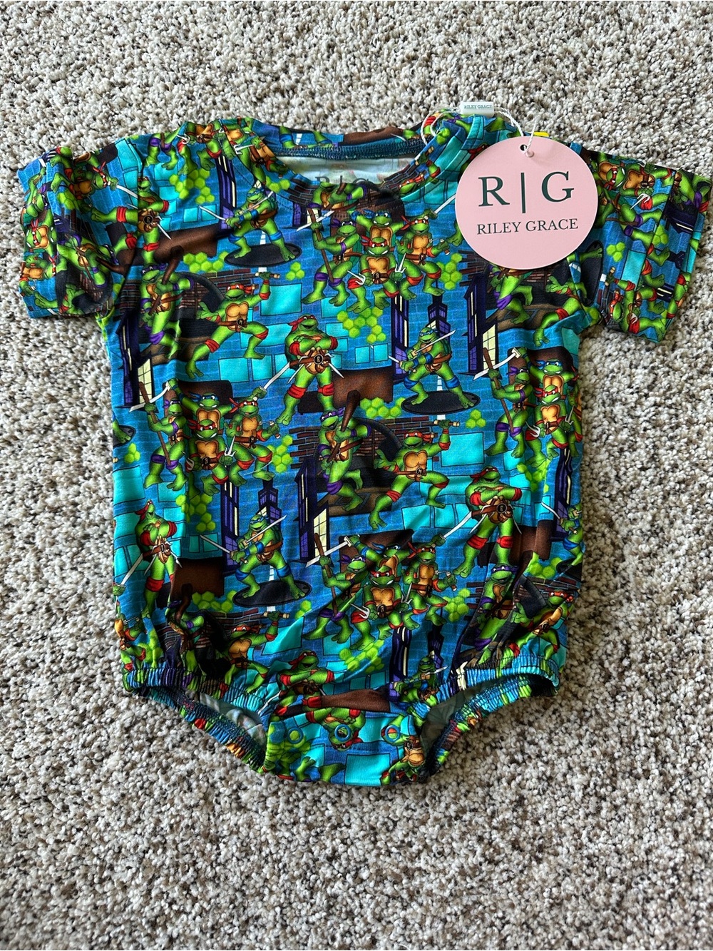 Vibrant Blue Green Ninja Turtle Print Kids One-Piece Bamboo Bodysuit